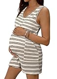 BLENCOT Womens Maternity Romper Button Front Sleeveless V Neck Wide Leg Jumpsuit One Piece Striped Pregnancy Clothes Trendy Loose Overalls with Pockets Khaki Medium