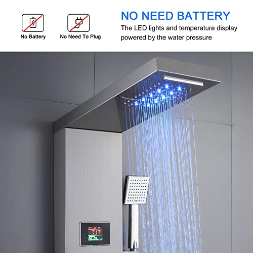 MENATT Shower Panel Tower System with LED Lights, 5 in 1 Rainfall Waterfall Shower Panel with 6 Massage Body Jets (Brushed Nickel)