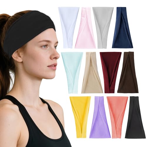 Headbands for Women, 12PCS Wide Stretchy Sports Hair Bands, Elastic Soft Fashion Head Bands, Non-Slip Running Sweatbands for Fashion, Washing Face, Workouts, Yoga, Daily Use