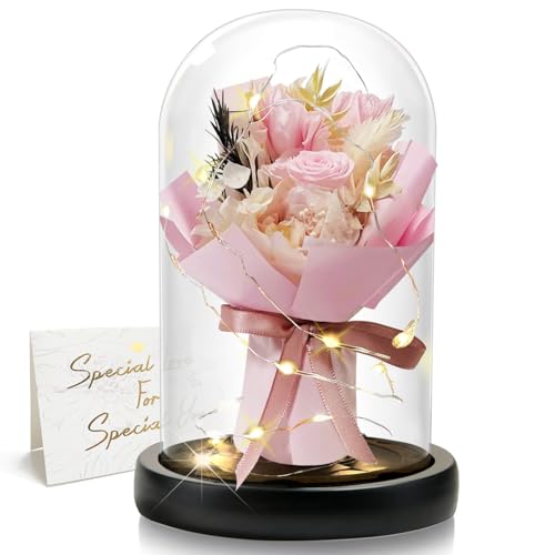 DINGHENG Rose éternelle dans un verre avec LED - Bouquet de roses roses - Cadeau pour femme - Décoration de la maison - Véritables fleurs durables pour petite amie, Noël, Saint-Valentin, fête des