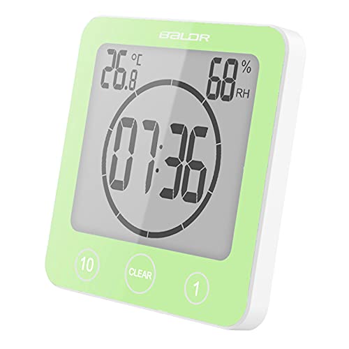 PCXWTLN Bathroom Clock Waterproof, Digital Shower Clock with Alarm-Bathroom Humidity Temperature Meter, Digital Shower Wall Clock with Timer Touch Screen Suction Cup Hole for Bathroom Kitchen (Green)