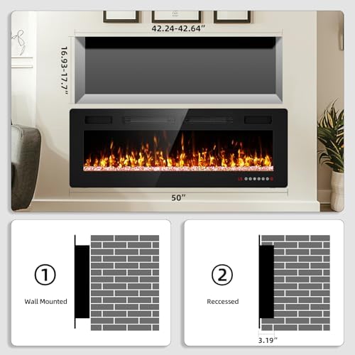 50 inch Electric Fireplace Inserts and Wall Mounted with Remote Control & Touch Screen 1500W Fireplace Heater with Timer - Thumbnail 3