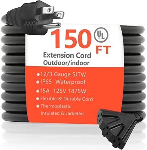 150 ft 12 Gauge Heavy Duty Black Extension Cord with 3 Outlets – Outdoor/Indoor Extra Long Power Extension Cable Cords– Waterproof 3 Prong Electric Wires Outside,15A 1875W 125V 12AWG SJTW,UL Listed