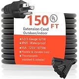 150 ft 12 Gauge Heavy Duty Black Extension Cord with 3 Outlets – Outdoor/Indoor Extra Long Power Ext