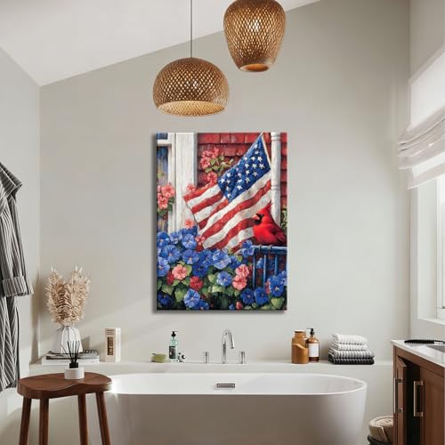 Image of RIBNTAK Patriotic Red, White & Blue Floral and Cardinal Wall Art, American Flag Garden Painting for Independence Day, Perfect for 4th of July Wall Decor and All-Season Home Display