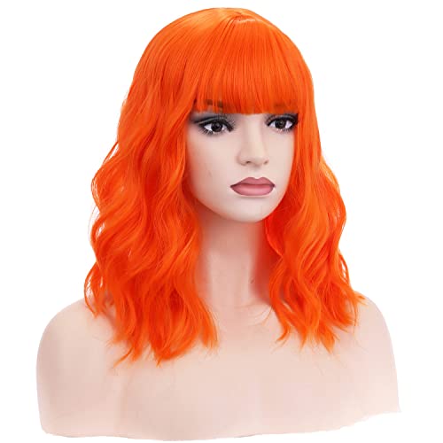 Beron 14 Inches Orange Wig Short Curly Wig Women Girl's Synthetic Wig Orange Wig With Bangs Wig Cap Included #TOP2