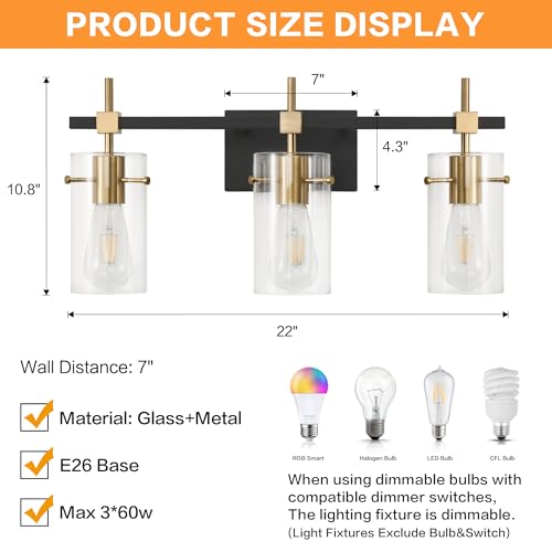 Image of SOLFART Vintage Vanity Lights Bathroom Light Fixture Over Mirror for Bath Glass Shade Light Black and Brass Modern Style 3 Lights