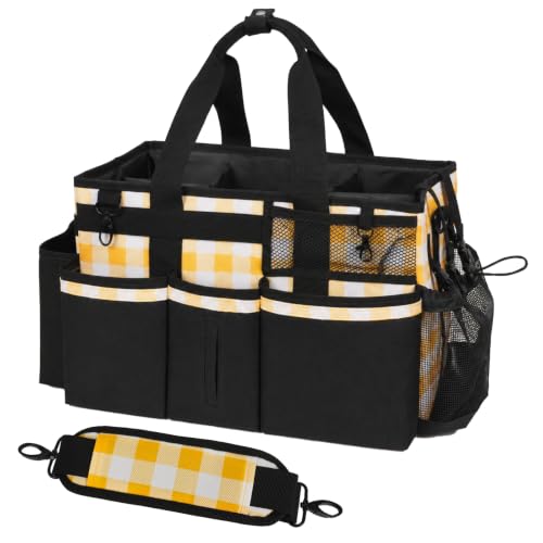 SCAVATA Wearable Cleaning Caddy, Cleaning Caddy Supplies Organizer with Handle & Shoulder Straps for Housekeepers, Under Sink & Car Cleaning Tool Organizers Bag with 4 Foldable Divider (YellowPlaid)