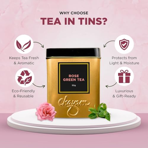 Image of CHAYAM Rose Green Tea | 50g Loose Rose Tea with 100% Natural Rose Petals & Flavour | Floral Detox & Antioxidant Wellness Tea | Refreshing & Aromatic | Low Caffeine | Premium Gift Tin