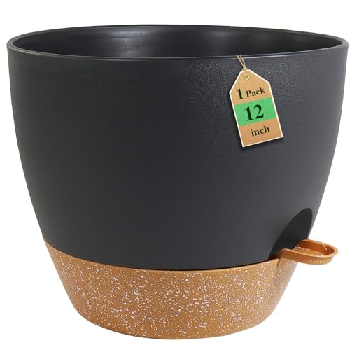 WSMKSZ 12 inch Large Self Watering Pots, Flower Plant Pots with Drainage Holes for Indoor Outdoor Garden Plants, Plastic Planters with Removable Deep Reservoir, Black with Brown