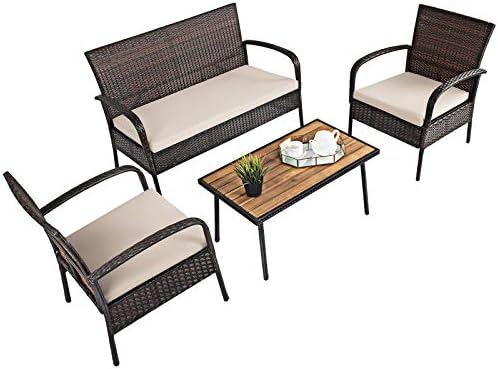 COSTWAY 4 Piece Garden Furniture Set, Sectional Sofa Set with 2 Chairs, 1 Loveseat and 1 Table, Outdoor Indoor Conservatory Table Chairs for Patio Yard Poolside (Rattan+Acacia Wood, with Cushions)