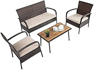 COSTWAY 4 Piece Garden Furniture Set, Sectional Sofa Set with 2 Chairs, 1 Loveseat and 1 Table, Outdoor Indoor Conservatory Table Chairs for Patio Yard Poolside (Rattan+Acacia Wood, with Cushions)