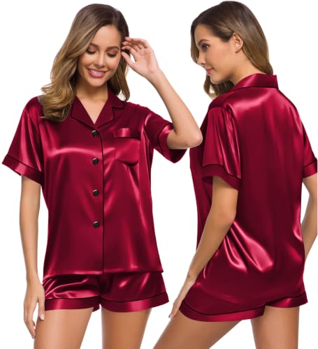 Image of SWOMOG Womens Silk Satin Pajamas Set Short Sleeve Sleepwear Button Down Top and Shorts Loungewear 2 Piece Pjs Set XS-3XL