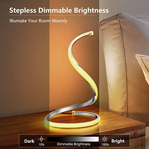 NUÜR Spiral Modern Table Lamp(Silver), Stepless Dimmable Bedside Lamp, 3 Color Temperature Nightstand Lamp , Curved Art Decorative Table Lamp for Bedroom Living Room Office Home