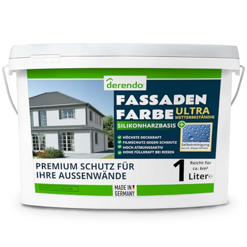 derendo Silikonharz Fassadenfarbe Grau ULTRA Wetterschutz Lichtgrau 1l aussen Fassade Silikonharzfarbe mit Abperleffekt Lotus Blatt Fassadenschutz Schmutzabweisende Silikonharzbeschichtung