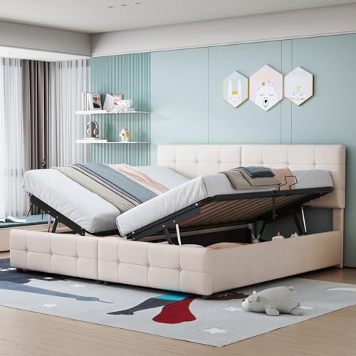 KOMHTOM Lit Coffre 180x200 avec tête de lit relevable et sommier à Lattes, lit Une Place/lit Deux Place Cadre de lit avec Rangement (2, Beige, Matelas Non...