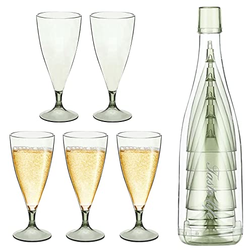 Colexy Ensemble de 5 Verres à Vin Champagne Empilables, Flûte à Champagne Verre Plastique, Incassable Réutilisables Avec Bouteille Récipient, pour Les Pique-Niques, Les Mariages, Les Fêtes (vert)