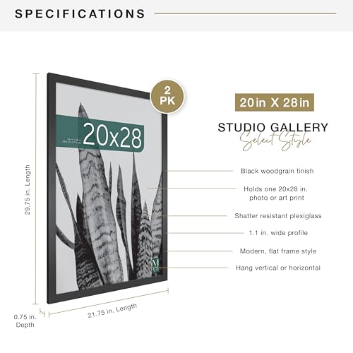 MCS Studio Gallery 20x28 Poster Frame Black Woodgrain, Vertical & Horizontal Wall Hanging Large Picture Frame for Photos, Posters & Art Prints (2-Pack)