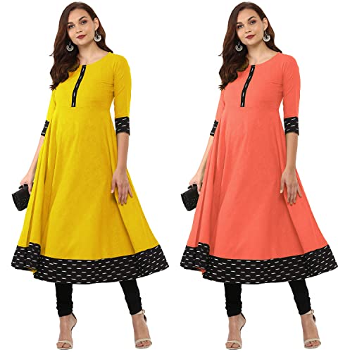 Image of NATEK Cotton Anarkali Printed Border Kurtis for Women Combo Pack of 2