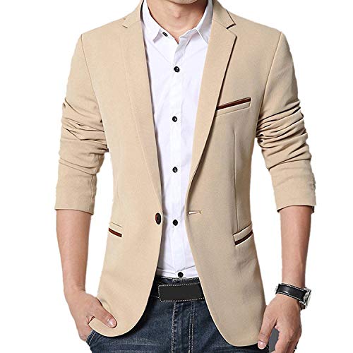Gopune Men's Slim Fit Casual One Button Suits Coat Solid Blazer Business Jacket(Khaki,L)