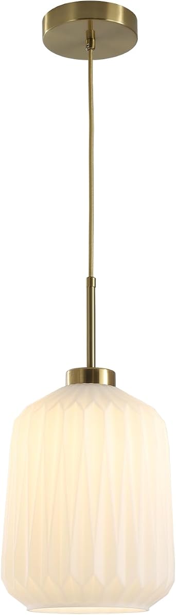 Mid Century Pendant Light Gold Pendant Light with White Striation Glass Shade Modern Ceiling Light Fixture for Kitchen Island Bedroom Dining Room