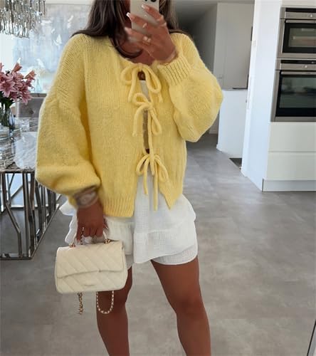 Image of Women Knitted Tie Front Cardigan Tops Casual Knitwear Top Long Sleeve Open Front Baggy Sweater Y2k Girls Outwear