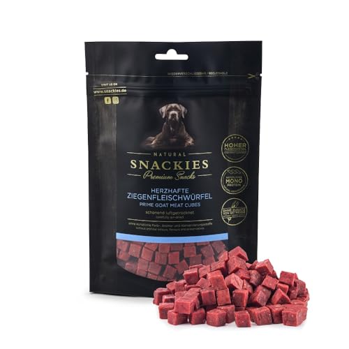 SNACKIES 16er-Pack (à 80g) Hundeleckerli Ziegenfleischwürfel Premium Snacks für Hunde ohne Zusatz von Getreide, Zucker, Farb-, Aroma- und Konservierungsstoffe, luftgetrocknete Leckerli