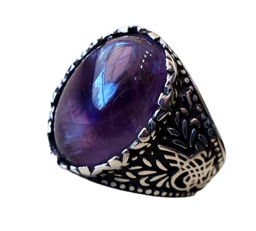Amethyst Men Ring, Real 925 Silver Man Ring, Arabic Islamic Mans Jewelry, Gift For Husband, Heavy Designer Men Ring, Cabochon Gemstone Ring, Signet Mens Ring, Statement Ring, Silver Oxidize Ring