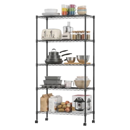 Image of BestOffice | 5-Tier Wire Shelf with Wheels | 14 inch x 30 inch x 60 inch | Black | Storage Shelves Metal Shelving with Adjustable Racks, Holds upto 750 lbs | Rust-Resistant No-Tool Assembly | For Home Garage