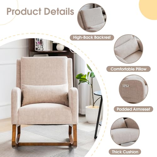 COCO DESIGN Modern Indoor Rocking Chair with Thick Cushion, Ergonomic Design for Living Room, Nursery, or Bedroom, Durable Wooden Frame with Soft Fabric, Comfortable for Reading, Beige