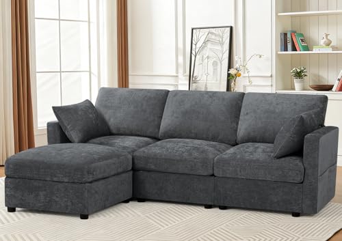 ACMEASE 84” Chenille 3-Seats Sofa W/Movable Ottoman, Grey