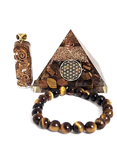 Sawcart Tiger Eye Crystal Orgone Pyramid with Flower of Life Symbol, Stone Bracelet & Orgone Pendant Necklace Combo for Aura Cleansing, Reiki Spiritual Healing, Energy Generator, Yoga Meditation