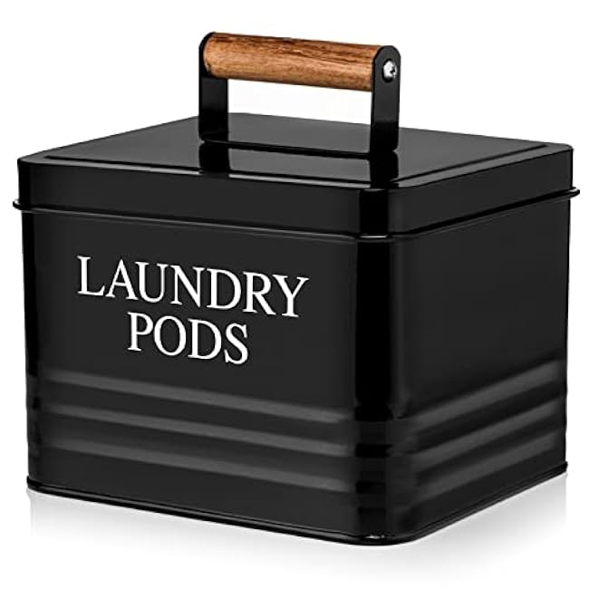 Calindiana Modern Farmhouse Metal Laundry Pods Holder with Lid - Space Saving Organization, Holds 81 Pods, Black