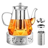 1L Teekanne mit Stövchen, Teekanne mit Siebeinsatz Abnehmbare, Borosilikat Glas Teebereiter, Glasteekanne Hitzebeständige Tropffrei für Losen Tee Kräutertee Fruchttee Duftender Teebeutel