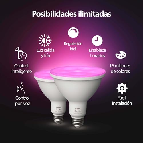 Image of Philips Hue Smart 100W PAR38 LED Bulb, White & Color Ambiance Color-Changing Light, 1300LM, E26, Control with Hue App, Compatible with Alexa, Google Assistant and Apple Homekit (Pack of 4)
