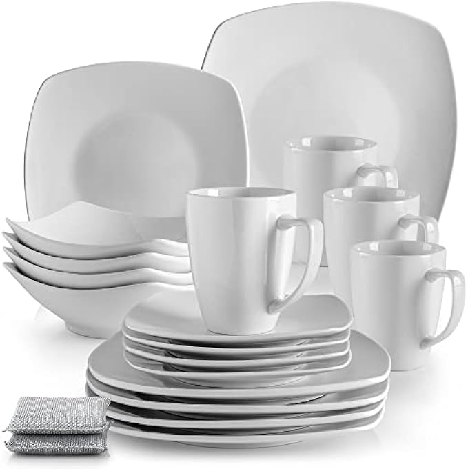 Zulay 16 Piece Dinnerware Sets - Porcelain White Dinnerware Set, Premium Quality Service For 4 - Includes 4 White Dishes and Plates Sets, 4 Soup Bowls, 4 Mugs and 2 Sponges