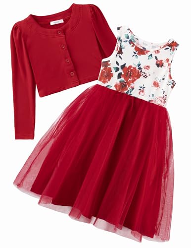 Arshiner Toddler Fall Red Floral Tulle Dresses and Knit Cardigan Spring Easter Hawaiian Beach Tutu Sundress 3T