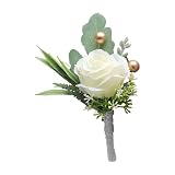 Nlinlin 1 x Rosen-Boutonniere für Herren, Hochzeit, Bräutigam, Trauzeugen, künstliche weiße Rosen mit Stecknade ...