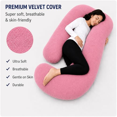 Image of Restify J-Shape Pregnancy Pillow for Women Sleeping | Full Body Maternity Pillow for Back, Hips, Legs & Belly Support | Removable & Washable Velvet Cover | Pink