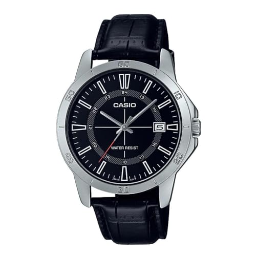 Casio montre pour homme en acier inoxydable et cuir noir avec cadran 24h