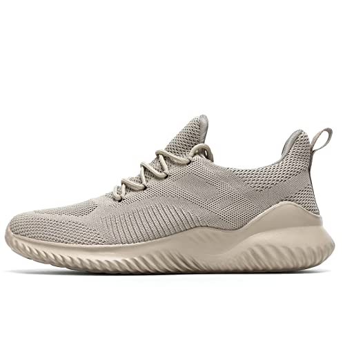 Mens Running Shoes Slip On Walking Tennis Sneakers Lightweight Breathable Mesh Workout Casual Sports Shoes Soft Sole Khaki #TOP1