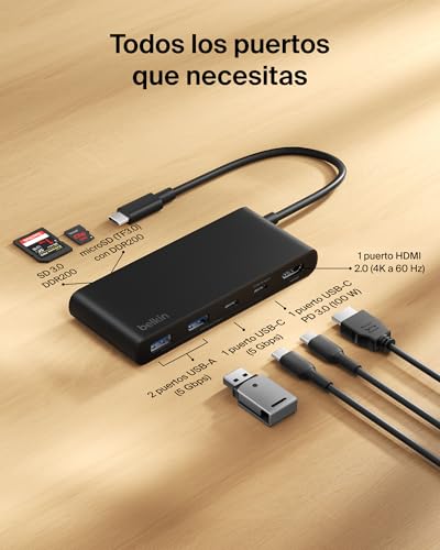 Lector SD y MicroSD en Hub USB C Belkin con Power Delivery 3