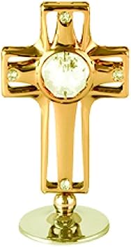 Gold Plated Corss on Stand with Clear Mascot Element Crystal - Also Suitable for Baptism, Wedding or for All Occasions