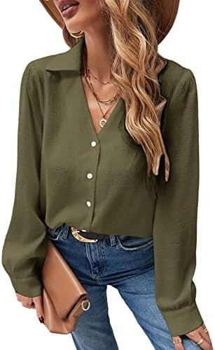 Sovelen Women’s Casual V Neck Long Sleeve Shirts Button Down Solid Collared Blouse Tops