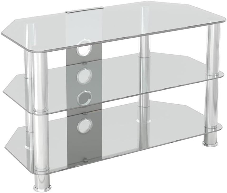 Pemberly Row Steel and Glass TV Stand, 31.5 in Wide Clear Tempered Glass Shelves, Chrome Legs, Fits 10 to 42 in TVs, Angled Back for Wall or Corner Placement, Cable Management for AV Components