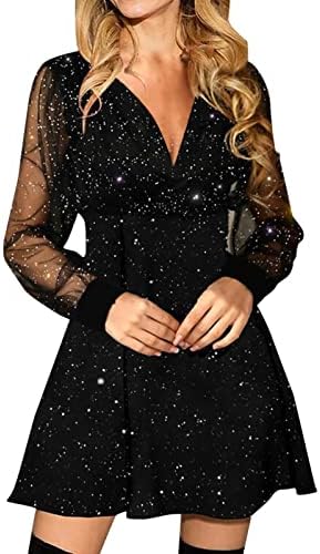 Sequin Dress Women's Shiny Glitter Dress V-Neck Short Glitter Dress Long  Sleeve Elegant Evening Dress Bodycon Party Dress Fringe Dresses New Year's  Eve Cocktail Dress Party Dresses for Rave, 01 black, :