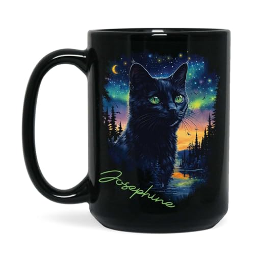 Custom Name Black Cat Aurora Mug 11oz 15oz, Personalized Mystical Night Sky Black Cup, Enchanting Animal And Moon Scene Coffee Mug, Gift For Cat Lovers