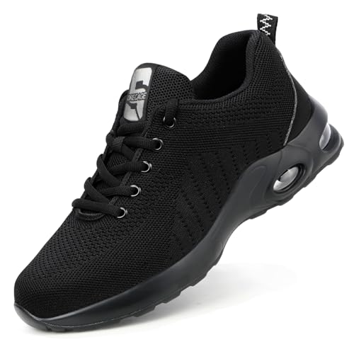Image of Bawalon Safety Trainers Women Lightweight Steel Toe Cap Trainers Men Safety Shoes Breathable Work Boots Black UK 9 (Lable Size 43)
