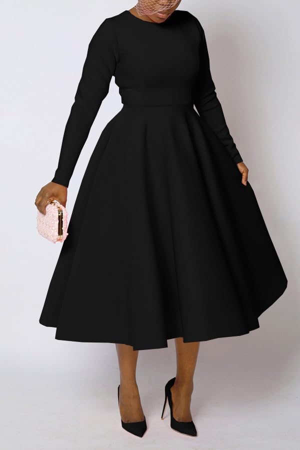 Famnbro Women's Vintage Cocktail Dresses 1950s Round Neck Long Sleeve A Line Formal Church Swing Maxi Dress3
