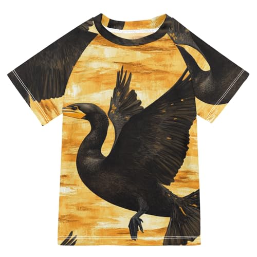 Boys Short Sleeve T-Shirts Cormorant Bird Yellow Rashguard Kids Swim Shirts Sun UPF 50+